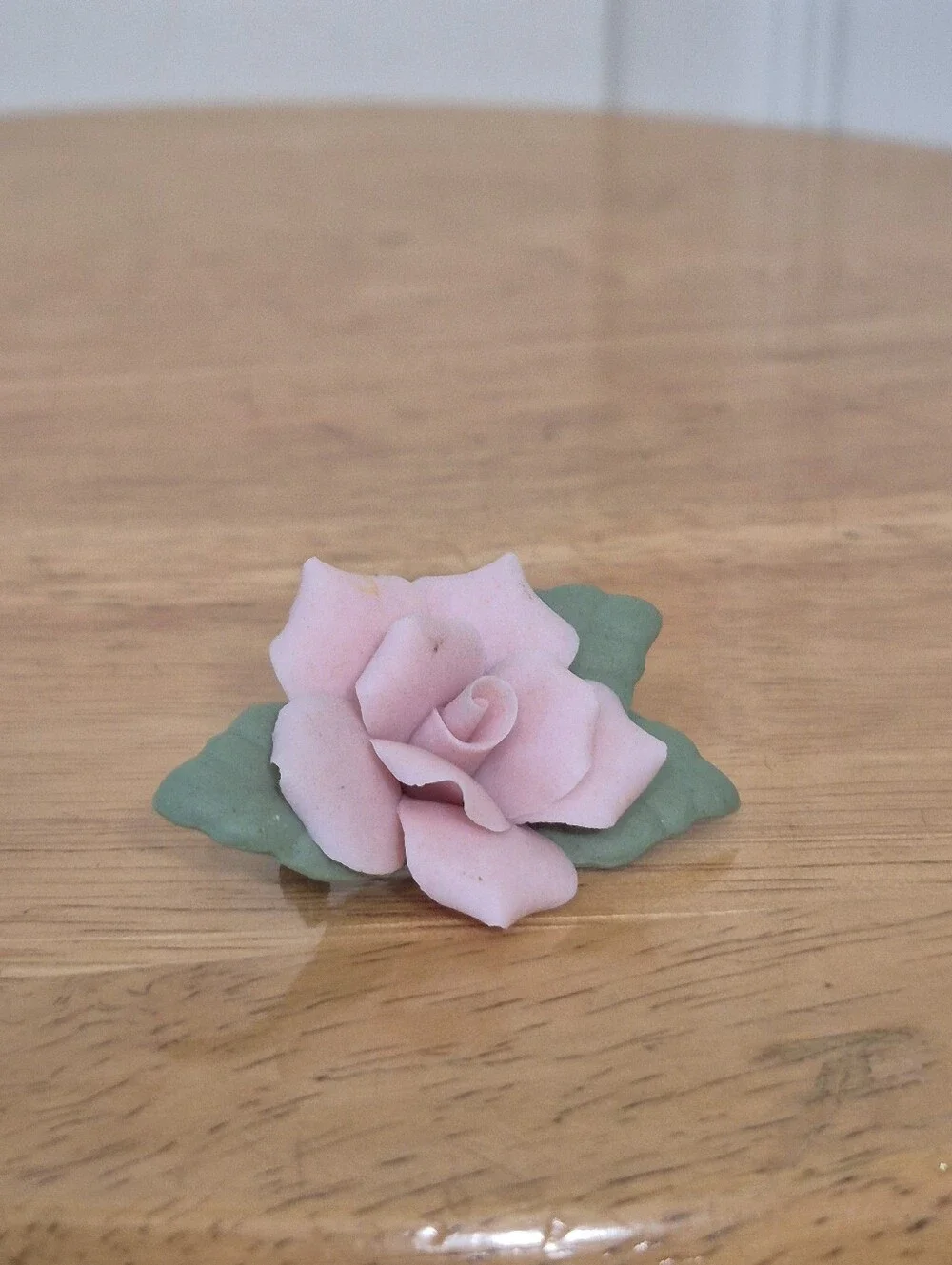 Pastel porcelain pink rose Brooch pin with green leaves